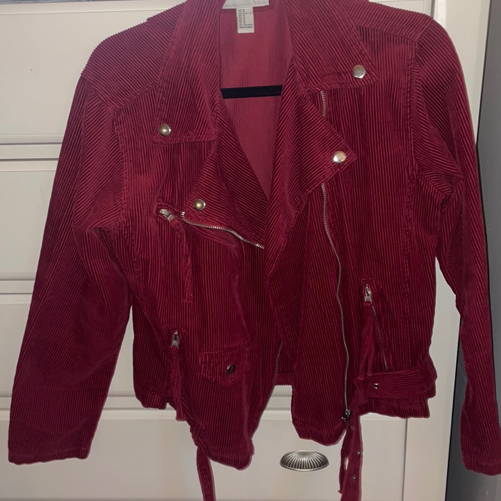 Corduroy maroon moto jacket.